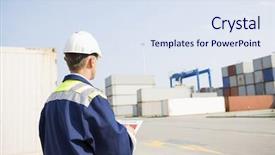  Presentation with shipping - PPT theme featuring rear view of middle-aged worker with clipboard in shipping yard background and a sky blue colored foreground