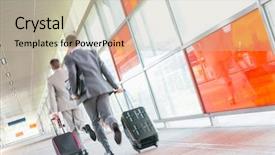  Presentation with railroad - Beautiful theme featuring rear view of middle aged businessmen with luggage rushing on railroad platform backdrop and a mint green colored foreground