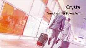  Presentation with railroad - Colorful PPT theme enhanced with rear view of middle aged businessmen with luggage rushing on railroad platform backdrop and a lemonade colored foreground