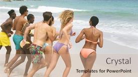  Presentation with multi ethnic group - Colorful PPT layouts enhanced with rear view of multi ethnic group of friends running at beach on sunny day backdrop and a soft green colored foreground