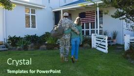  Presentation with homecoming - Slides consisting of rear-view-of-multiracial-solider background and a tawny brown colored foreground