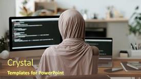  Presentation with computer software - Slides with rear-view-of-muslim-female background and a violet colored foreground