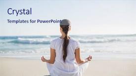  Presentation with posture - Audience pleasing slide set consisting of rear view of pretty woman sitting in lotus posture on the beach on a sunny day backdrop and a sky blue colored foreground