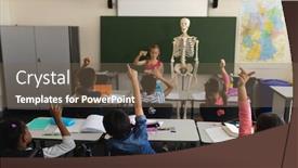  Presentation with school desk - Colorful slide set enhanced with rear-view-of-schoolkids-raising backdrop and a violet colored foreground