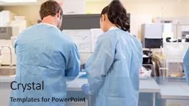  Presentation with rear view of bodyguard - Presentation design featuring rear view of scientists working background and a  colored foreground