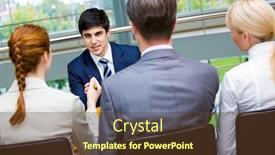  Presentation with interview - Cool new presentation theme with rear view of several specialists interacting with confident businessman during interview backdrop and a tawny brown colored foreground