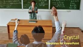  Presentation with students hands raised - PPT theme with rear-view-of-several-youthful background and a tawny brown colored foreground