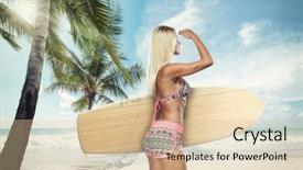  Presentation with sexy girl - Cool new PPT theme with rear view of sexy beautiful young woman surfer girl in bikini with white surfboard at a beach in bali indonesia backdrop and a lemonade colored foreground