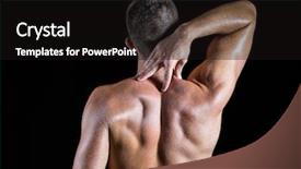  Presentation with athlete - Theme with rear view of shirtless athlete with neck pain over black background background and a black colored foreground