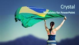  Presentation with dark blue green - Cool new PPT theme with rear view of sportswoman raising a brazilian flag against dark blue green background backdrop and a ocean colored foreground