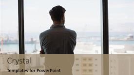  Presentation with executive - Colorful theme enhanced with rear-view-of-thoughtful-male backdrop and a coral colored foreground