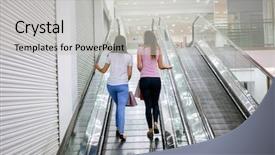  Presentation with mall - Colorful slide deck enhanced with rear view of two beautiful women carrying shopping bags on escalator of shopping mall backdrop and a light gray colored foreground