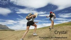  Presentation with running women shoes silhouette - Presentation theme having rear view of two women background and a coral colored foreground
