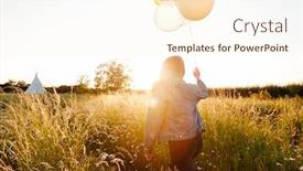  Presentation with festival music - Cool new theme with rear view of woman camping at music festival running through field with balloons against flaring sun backdrop and a cream colored foreground