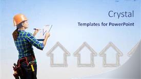  Presentation with woman engineer - Audience pleasing presentation theme consisting of rear view of woman engineer making some notes and sketches backdrop and a sky blue colored foreground