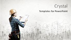  Presentation with woman engineer - Beautiful presentation theme featuring rear view of woman engineer making some notes and sketches backdrop and a white colored foreground