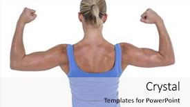  Presentation with flexing - Slide deck with rear view of woman flexing muscles against white background background and a white colored foreground