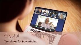  Presentation with video conference - Presentation theme featuring rear-view-of-woman-having background and a coral colored foreground