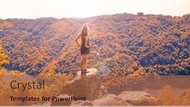  Presentation with mountain view - Presentation theme having rear-view-of-woman-sitting background and a coral colored foreground