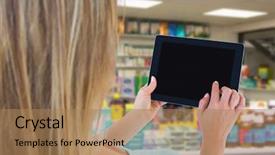  Presentation with drugs - Cool new slide set with rear view of woman using tablet pc against close up of shelves of drugs backdrop and a coral colored foreground