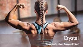  Presentation with flexing - Presentation consisting of rear view of woman with braided hair flexing muscles against gym background and a tawny brown colored foreground