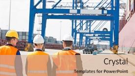  Presentation with shipping - PPT theme enhanced with rear view of workers walking in shipping yard background and a coral colored foreground