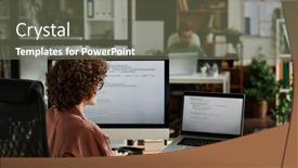  Presentation with front desk - PPT theme enhanced with rear-view-of-young-brunette background and a gray colored foreground