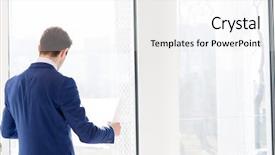  Presentation with new office - Slide deck consisting of rear view of young businessman reading blueprint in new office background and a white colored foreground