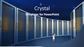  Presentation with server - PPT layouts enhanced with rear view of young businesswoman looking away against composite image of server towers background and a navy blue colored foreground