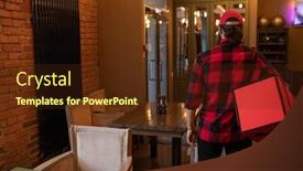  Presentation with courier bag - Cool new PPT layouts with rear-view-of-young-delivery backdrop and a tawny brown colored foreground