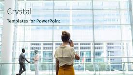  Presentation with executive - Cool new PPT theme with rear view of young female executive looking outside in office while calling backdrop and a sky blue colored foreground