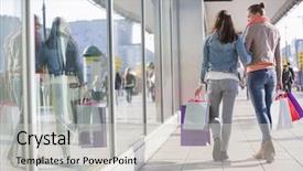  Presentation with friends - Slides consisting of rear view of young female friends with shopping bags walking on sidewalk background and a light gray colored foreground