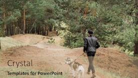  Presentation with leash - Slide deck having rear view of young man holding leash of cute purebred husky dog while both chilling in rural environment background and a coral colored foreground