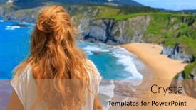  Presentation with atlantic - Presentation design with rear-view-of-young-woman background and a coral colored foreground