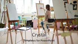  Presentation with sketching - Colorful PPT theme enhanced with rear view of young woman sitting near window sketching on easel with pencil in brightly lit studio backdrop and a coral colored foreground