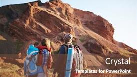  Presentation with path sunlight - Slide deck enhanced with rear view portrait of young couple man and woman wearing tourist gear and big backpacks standing close together looking at mountain top traveling on hiking path in sunlight background and a tawny brown colored foreground