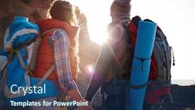  Presentation with backpacks - Amazing PPT theme having rear view portrait of young couple man and woman wearing tourist gear and big backpacks standing close together holding hands against the sun traveling in mountains on hiking path backdrop and a ocean colored foreground