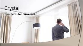  Presentation with smart home - Audience pleasing PPT layouts consisting of phone while looking through window backdrop and a sky blue colored foreground