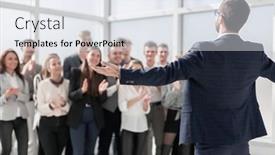  Presentation with team leader - Cool new PPT layouts with rear-view-the-young-leader backdrop and a sky blue colored foreground