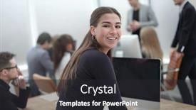  Presentation with woman office desk - Beautiful PPT theme featuring rear-view-young-business-woman backdrop and a dark gray colored foreground