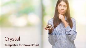  Presentation with hotel company anniversary - Presentation theme having brain green background - young beautiful hispanic holding hotel background and a sky blue colored foreground