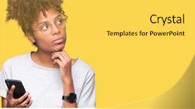  Presentation with african american woman question - Presentation featuring reasoning - young african american woman using background and a yellow colored foreground