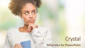  Presentation with cup coffee - Cool new presentation design with reasoning - young afro american woman driking backdrop and a cream colored foreground