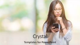  Presentation with asian - Beautiful presentation design featuring reasoning - young asian woman texting using backdrop and a lemonade colored foreground