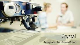  Presentation with coffee powder in machine - Cool new presentation with reataurant - close-up of coffee maching backdrop and a soft green colored foreground