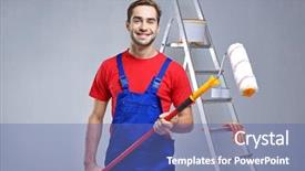  Presentation with paint roller - Slide deck enhanced with rebuild - handsome worker with paint roller background and a ocean colored foreground