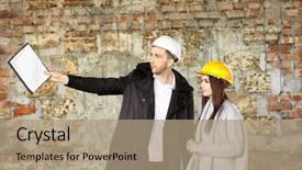  Presentation with building insurance - PPT theme with rebuilding disaster - insurance adjuster and young woman background and a coral colored foreground