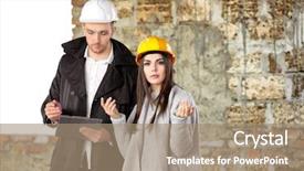  Presentation with building insurance - Amazing slide deck having rebuilding disaster - insurance adjuster and young woman backdrop and a coral colored foreground