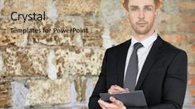  Presentation with building insurance - Slide deck featuring rebuilding disaster - insurance adjuster in abandoned building background and a coral colored foreground