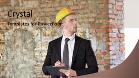  Presentation with building insurance - Colorful slide set enhanced with rebuilding disaster - insurance adjuster in abandoned building backdrop and a coral colored foreground